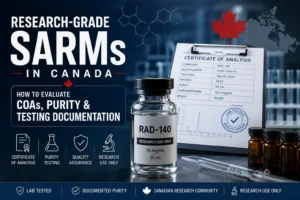 Research-use SARMs vial beside a Certificate of Analysis and lab testing documentation in Canada