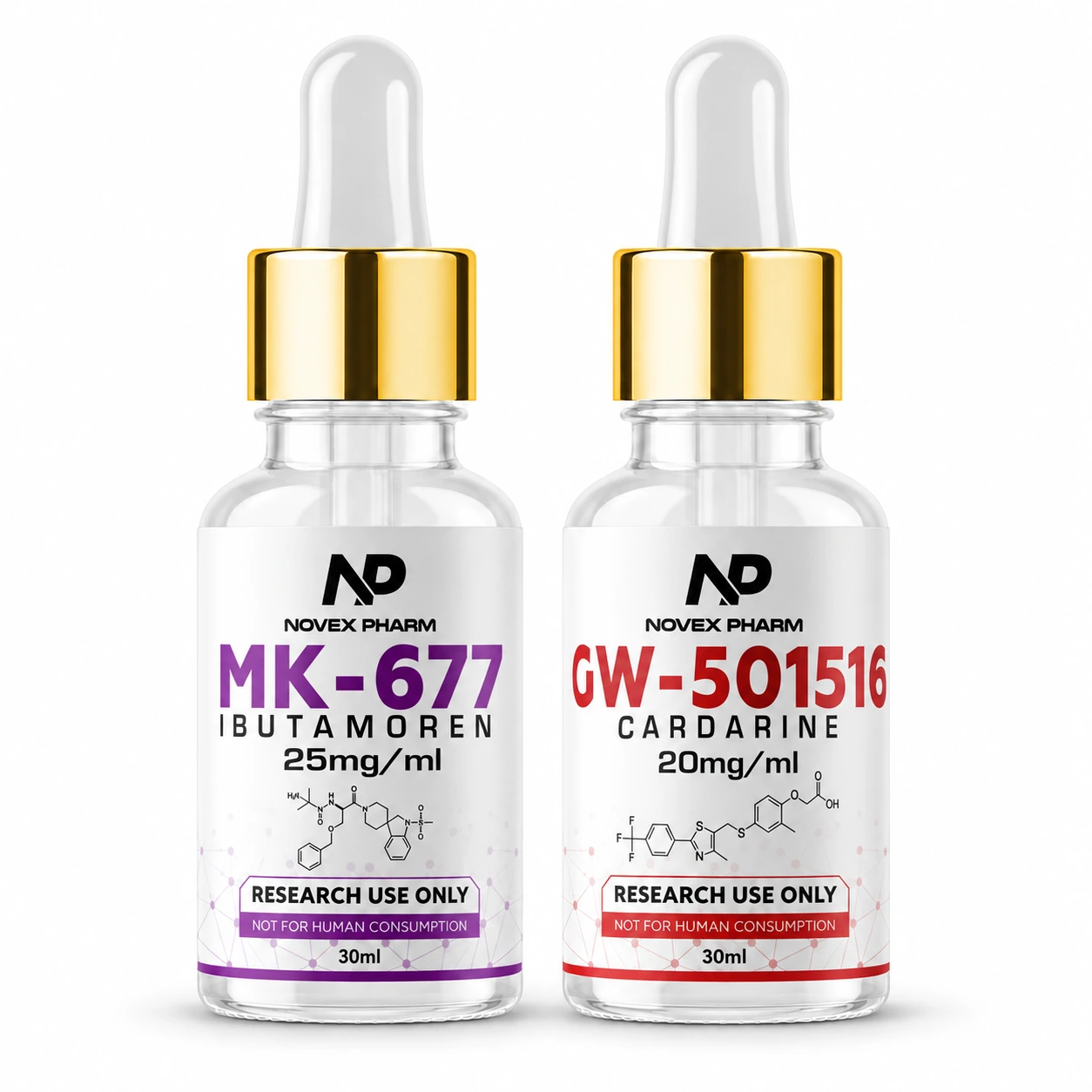 Novex Pharm MK-677 and GW-501516 research stack, two 30 mL bottles