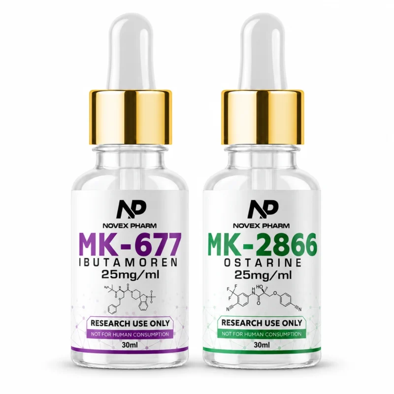 Novex Pharm MK-677 and MK-2866 research stack, two 30 mL bottles