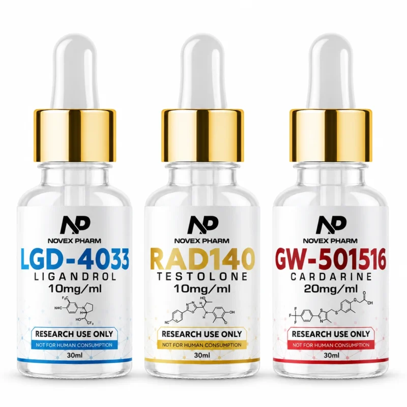Novex Pharm RAD-140, LGD-4033 and GW-501516 research stack, three 30 mL bottles