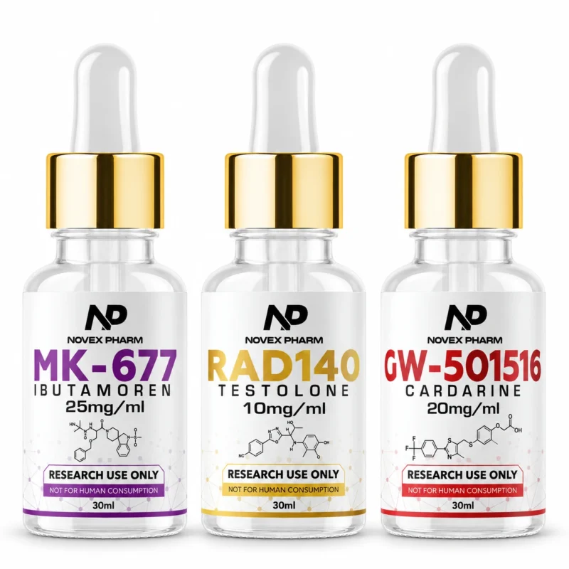 Novex Pharm RAD-140, MK-677 and GW-501516 research stack, three 30 mL bottles