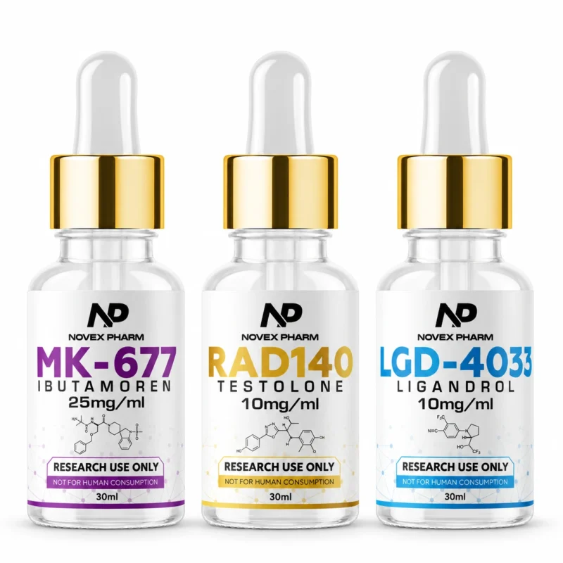 Novex Pharm RAD-140, MK-677 and LGD-4033 research stack, three 30 mL bottles